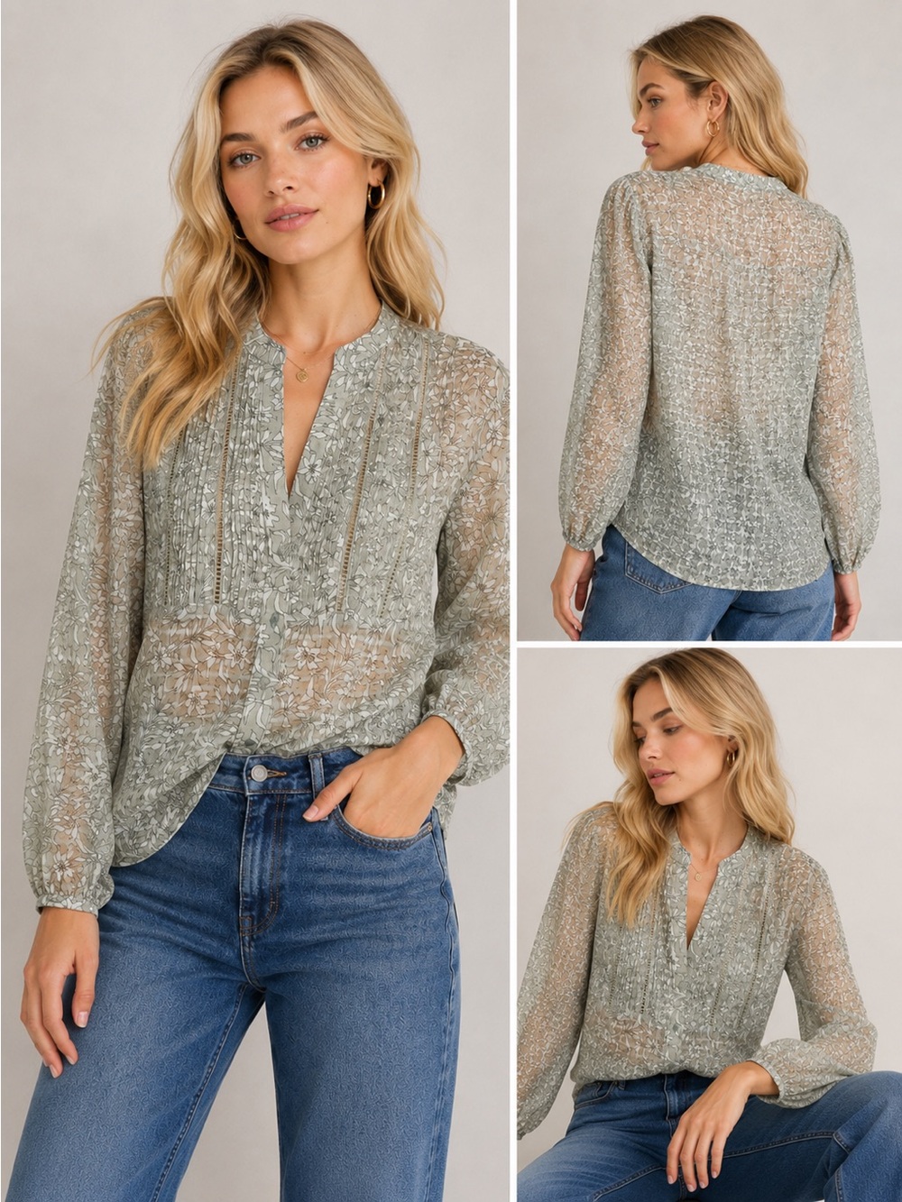 NATION LTD Vella Pintucked Cotton Gauze Floral Blouse Sage Medium NWT